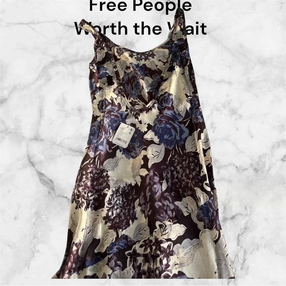 NWT FREE PEOPLE Worth the Wait Bias Slip Dress Dark Night Combo XS